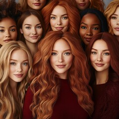 Obraz premium A diverse group of women showcasing beautiful variations of red and blonde hair tones and vibrant smiles.