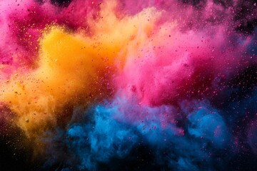Fototapeta premium Vivid explosion of colorful powders creating an artistic abstract background, predominantly in pink, yellow, and blue hues.