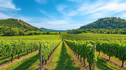 Fototapeta premium Lush vineyard landscape under a blue sky.