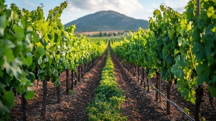 Obraz premium Lush vineyard rows with mountain backdrop.