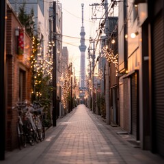 Naklejka premium A serene alleyway adorned with lights, leading to a distant tower.