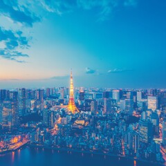 Fototapeta premium A stunning cityscape of Tokyo at dusk, showcasing illuminated skyscrapers.