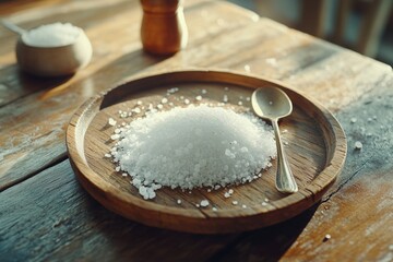 A wooden plate with a pile of salt and a spoon, great for food photography or as a prop in your concept