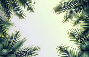 Naklejka premium Retro frame made of palm leaves. Tropical background with gradient and space for text. Summer holiday, travel, vacation, party. Design for banner, poster or invitation.