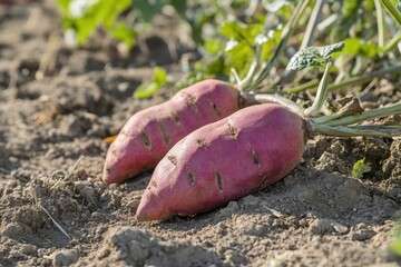 Two purple sweet potatoes lying on a surface