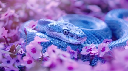 Fototapeta premium A close-up shot of a snake coiled among flowers, potential use for wildlife or nature-themed illustrations