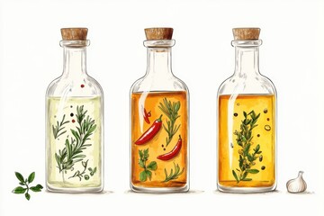 Minimalistic infused oil illustration with herbs, spices, and bottles for kitchen decor or recipe design