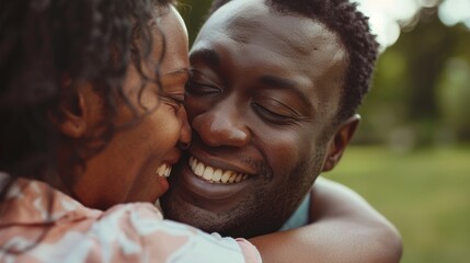 Interracial couple sharing a loving hug on a grassy area, celebrating their bond, joy, and quality time together in a diverse outdoor setting