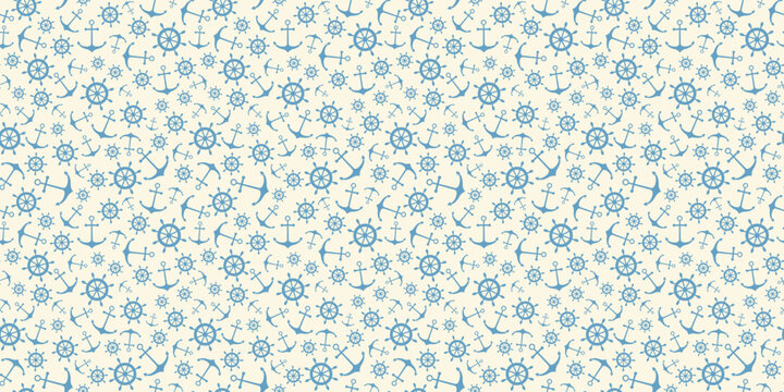 Nautical seamless pattern with ship wheels and anchors. Vector illustration