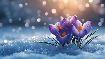 Delicate crocuses pushing through snowy landscape representing the first signs of spring Snow crystals glisten around the flowers providing a refreshing contrast Space for text included