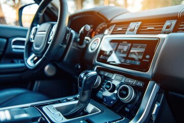 A close-up shot of a car's dashboard showing various controls and instruments