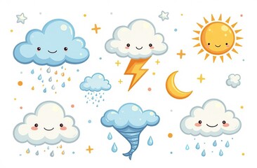 Fototapeta premium Cloud rain weather cartoon cute set. Cloud, sun, moon weather character with smile and angry face. Hand drawn doodle sketch style. Rainbow, wind, tornado doodle characte