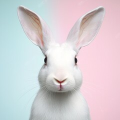 Obraz premium A close-up of a cute white rabbit with large ears against a pastel background, showcasing its gentle expression.