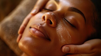 Naklejka premium Relaxation therapy with head and hand massage for wellness and stress relief. Professional therapist providing skincare and rejuvenation treatment in a luxurious setting