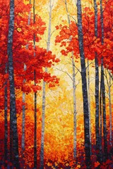 Vibrant autumn forest scene with striking red and orange foliage contrasting against dark trees.