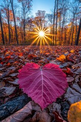 A vibrant heart-shaped red leaf lies on the ground, illuminated by the golden sunlight filtering through autumn trees.