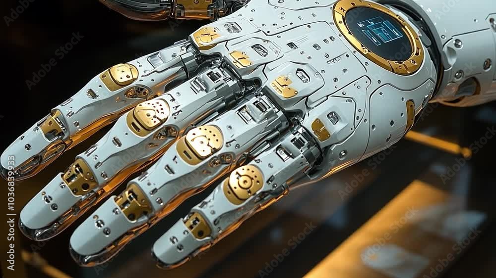 Poster This robotic hand features a sleek design with metallic components and intricate detailing. Prosthesis