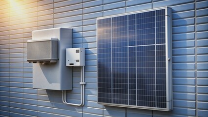 Modern photovoltaic power converter system unit mounted on a wall, efficiently converting DC output from solar panels into AC, promoting clean energy technology solutions.
