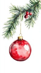 Watercolor of Christmas tree branches with red balls, isolated on white background, border,Christmas composition,Spruce branches with New Year decorations,fairy lights and red baubles,copy space.