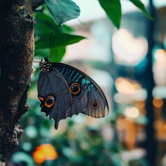 Fototapeta premium A vibrant blue butterfly with striking orange spots rests on a leafy branch, showcasing nature's beauty in intricate detail.
