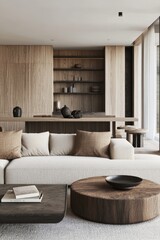 Elegant living room featuring a neutral color palette and minimalist design, with wooden accents and natural lighting.