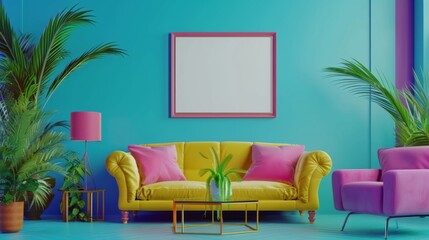 Interior desgin of modern living room interior with mock up poster frame, colorful decorations and accessories, plants, sofa, coffee table. Blue wall. Home decor 