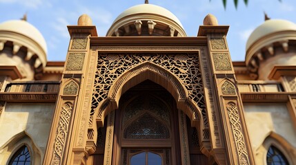 Obraz premium Ornate architectural facade featuring intricate carvings and domed rooftops.