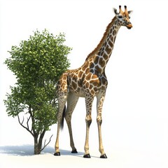 Fototapeta premium A majestic giraffe stands beside a leafy tree, showcasing its unique patterns and graceful height against a white backdrop.