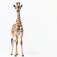 Obraz premium A young giraffe stands gracefully against a white backdrop, showcasing its distinctive coat patterns.