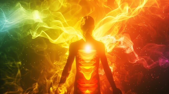 Vibrant human silhouette embraced by chakra aura and radiant core on a minimalist background