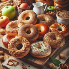 Assorted freshly baked healthy bagels displayed on a wooden board