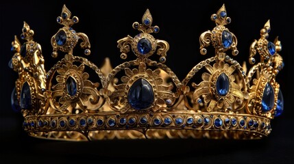 Obraz premium A shiny golden crown adorned with sparkling blue jewels