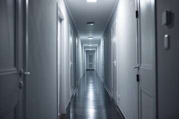 A long corridor with white walls and a black floor