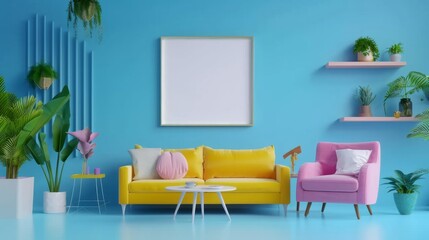 Fototapeta premium Interior desgin of modern living room interior with mock up poster frame, colorful decorations and accessories, plants, sofa, coffee table. Blue wall. Home decor 