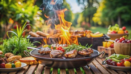 Obraz premium Sizzling BBQ grill with smoky flames and savory meat, set against a blurred background of a lively summer backyard party with lush greenery.