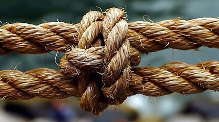 Complex web of interconnected ropes symbolizing intricate business relationships and antitrust challenges, with a focused foreground rope representing the effort to break monopolies.