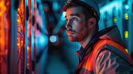 Technician contemplating in a dim server room for IT maintenance, using a tablet to inspect, analyze, and ensure cybersecurity in a data center