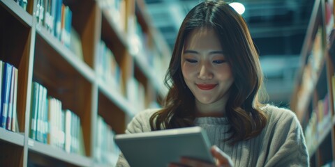 Content woman using tablet for research in a library, showcasing happiness in an educational setting. Focused student engaged in tech for academic communication and project planning
