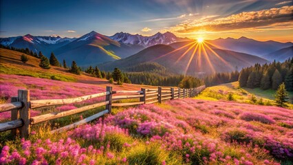 A wooden fence meandering through a field of wildflowers bathed in the golden light of a mountain sunset.
