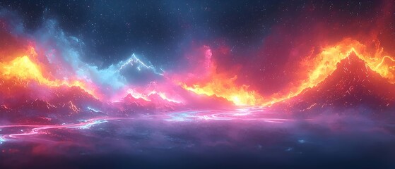 A vibrant digital landscape featuring glowing lava flows in fiery red and orange hues, contrasting against cool blue mountains under a starry sky.