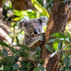 Fototapeta premium A cute koala clings to a eucalyptus tree, surrounded by lush green foliage.