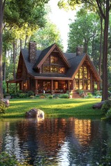 Obraz premium A stunning log cabin reflecting in a serene pond, surrounded by lush greenery and tall trees, creating a tranquil retreat.