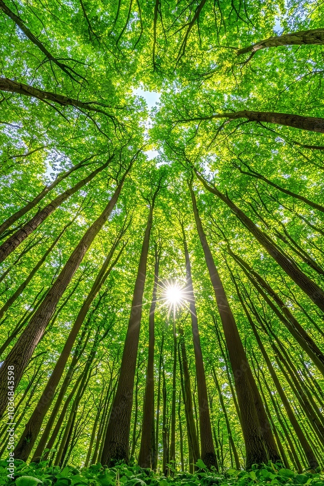 Wall mural a stunning view of a lush green forest canopy with sunlight filtering through the leaves.