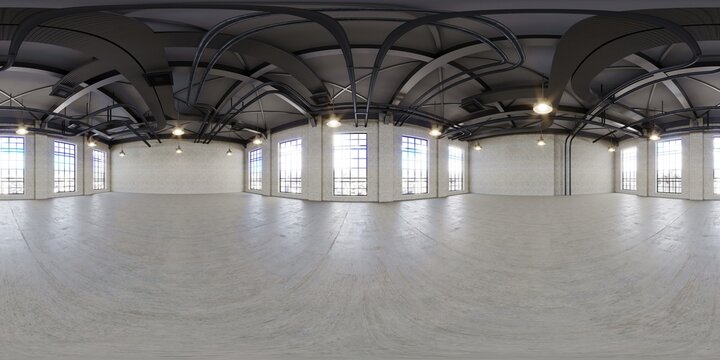 Full spherical hdri panorama 360 degrees of empty exhibition space. backdrop for exhibitions and events. Tile floor. Marketing mock up. 3D render illustration