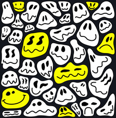 Funny melting smiling happy face seamless pattern. Retro psychedelic  effect smile icon background texture. Trendy character doodle wallpaper