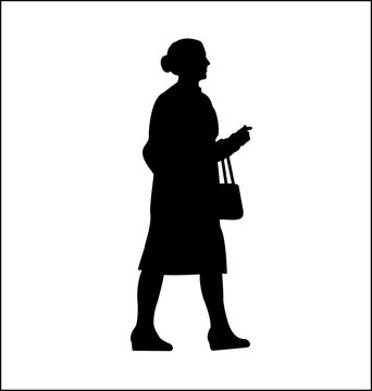 recommend clip art: silhouette of middle age woman on white background. Silhouette of a walking woman with a bag