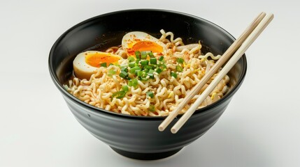 ramen in a black bowl on a white background