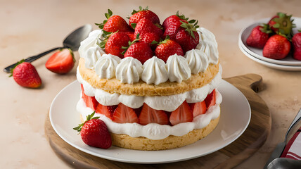 Delicious strawberry shortcake topped with fresh strawberries and whipped cream, served on a wooden platter. Perfect for dessert!