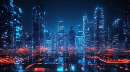Obraz premium Futuristic Neon Cityscape with Digital Grid and High-Rise Skyscrapers at Night