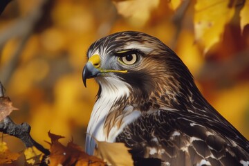 A bird of prey perches on a tree branch, ready to take flight